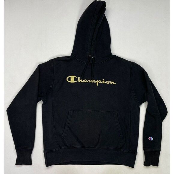 Champion Reverse Weave Pullover Hoodie Men Medium Black Logo Gold - Picture 1 of 5